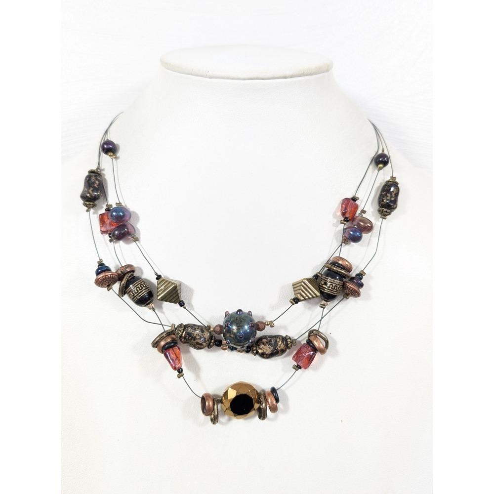 Multi Strand Beaded Necklace Glass Acrylic Mixed Media Eclectic Artsy 22"